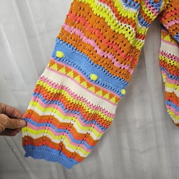 Crewneck Sweater Crochet Knit Orange Blue Striped Boho Colorful L - Picture 3 of 10